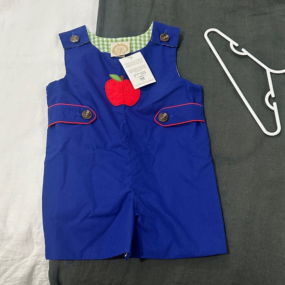 The Beaufort Bonnet Company Blue Romper with Red Apple